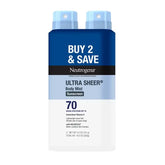 Neutrogena Ultra Sheer Body Mist Sunscreen Spray - Lightweight - Water Resistant - SPF 70 - Twin Pack - 5oz: With Zinc Oxide, Unscented