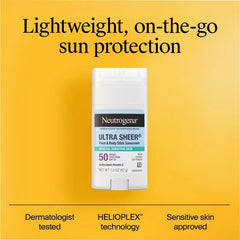 Neutrogena Mineral Ultra Sheer Face and Body Sunscreen Stick - SPF 50 - 1.5oz: With Vitamin E, Paraben-Free, Sulfate-Free, Noncomedogenic